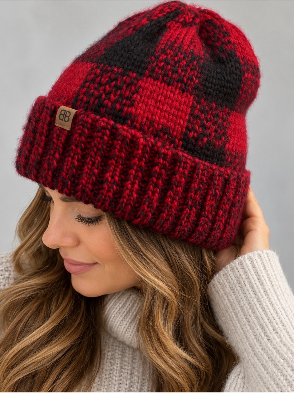 BB Collection chunky knit winter toque in a gorgeous red & black colour combinat